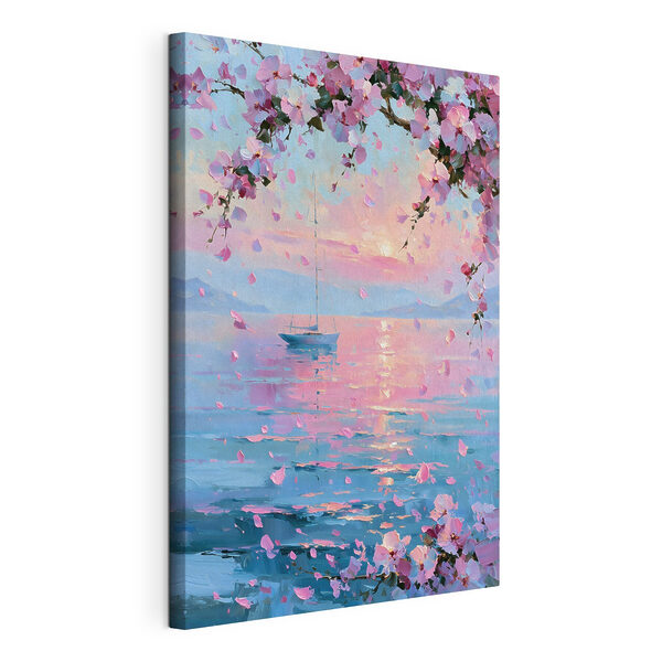 Wandbilder Gemälde eines Segelboots auf einem ruhigen Gewässer mit rosa Blumen (Artikelnummer: s49883) Wandbilder Wandbilder Gemälde eines Segelboots auf einem ruhigen Gewässer mit rosa Blumen (Artikelnummer: s49883)