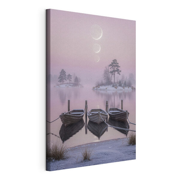 Wandbilder Wandbilder Boote auf einem See mit Bäumen und dem Mond im Hintergrund (Artikelnummer: s49724)