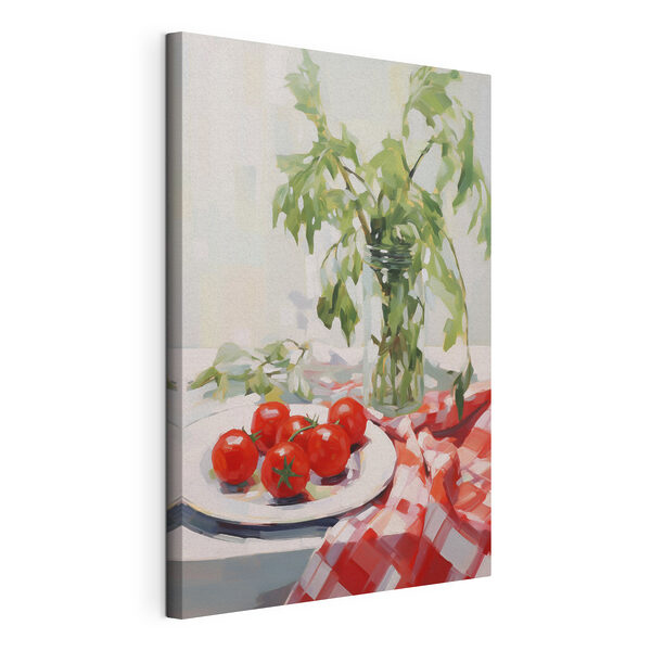 Wandbilder Wandbilder Gemälde von Tomaten auf einem Teller neben einer Vase mit grünen Blättern (Artikelnummer: s50064)