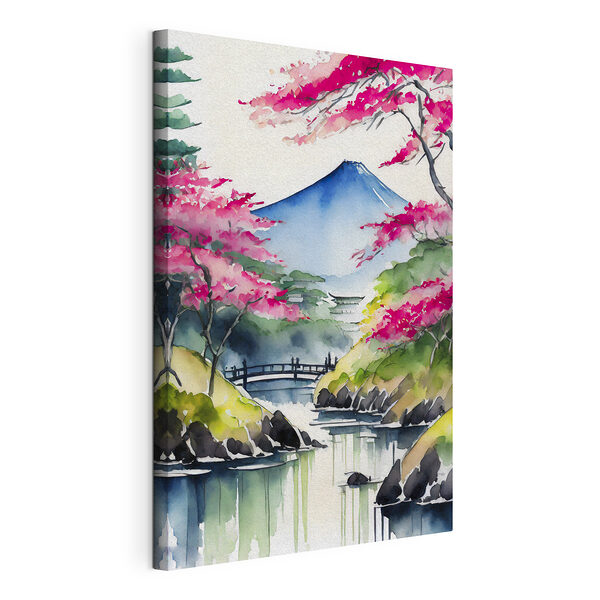 Aquarellmalerei eines Berges und Bäume mit rosa Blumen Wandbilder Aquarellmalerei eines Berges und Bäume mit rosa Blumen