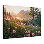 Wandbilder Feld von rosa Blumen mit einem Baum und Bergen im Hintergrund