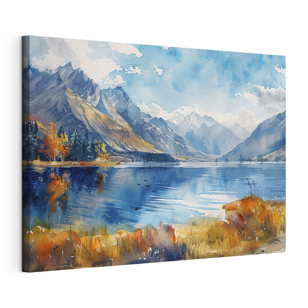 Wandbilder Aquarellmalerei eines Sees, umgeben von Bergen und Wolken