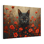 Wandbilder Schwarze Katze in einem Feld mit roten Blumen