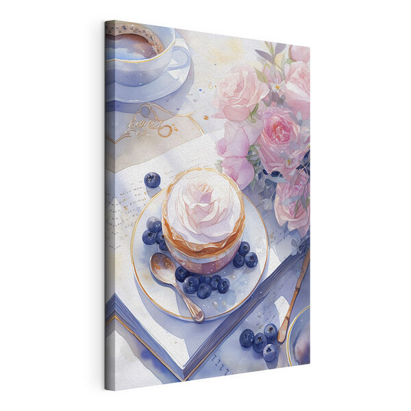 Wandbilder Wandbilder Aquarellmalerei eines Desserts mit einer Rose auf einem Teller mit Blaubeeren und einem Löffel (Artikelnummer: s43053)