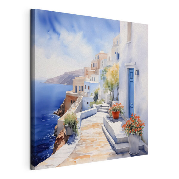Wandbilder Aquarellmalerei eines weißen Gebäudes mit blauen Türen und Blumen auf einer Klippe