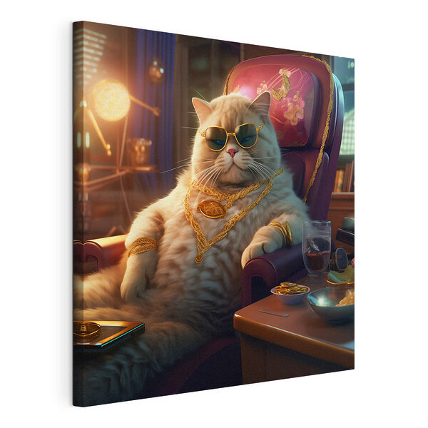 Katze mit Sonnenbrille und Halskette sitzt auf einem Stuhl Wandbilder Katze mit Sonnenbrille und Halskette sitzt auf einem Stuhl