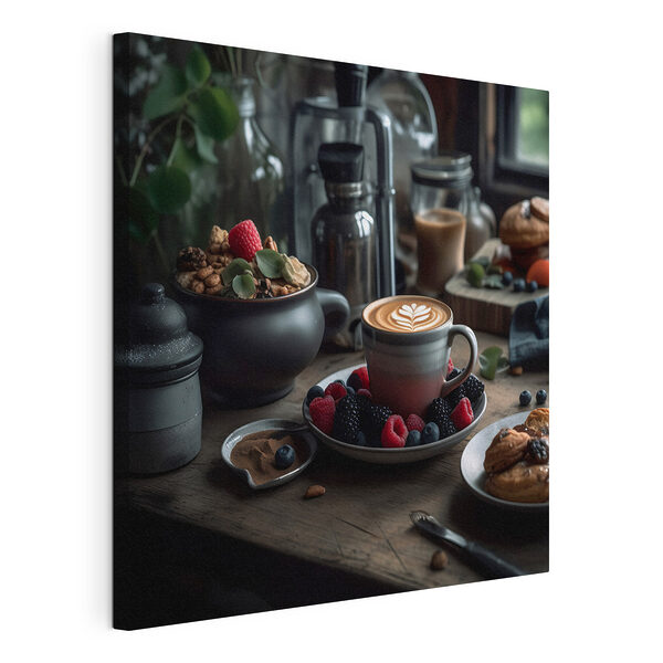 Tasse Kaffee mit Latte Art auf einem Teller mit Obst und Müsli Wandbilder Tasse Kaffee mit Latte Art auf einem Teller mit Obst und Müsli