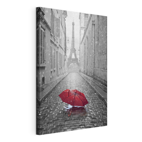 Wandbilder Roter Regenschirm auf nasser Pariser Straße