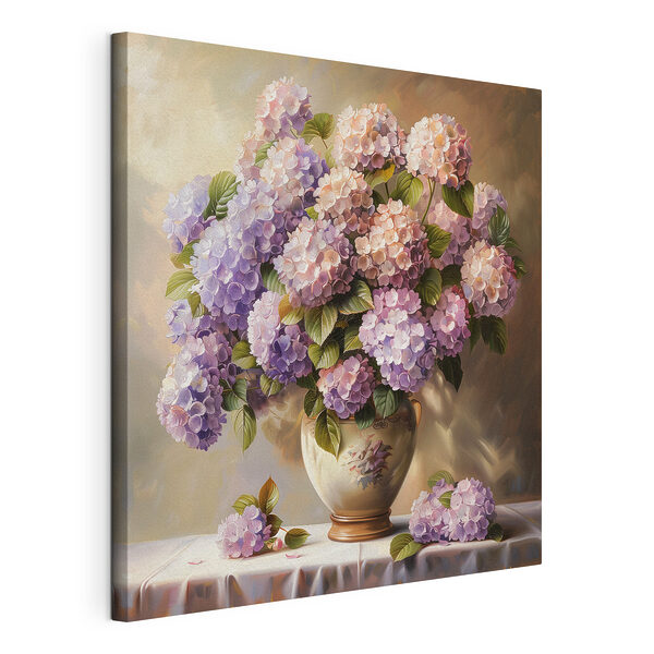 Wandbilder Blumenstrauß aus pastellfarbenen Hortensien in Vase