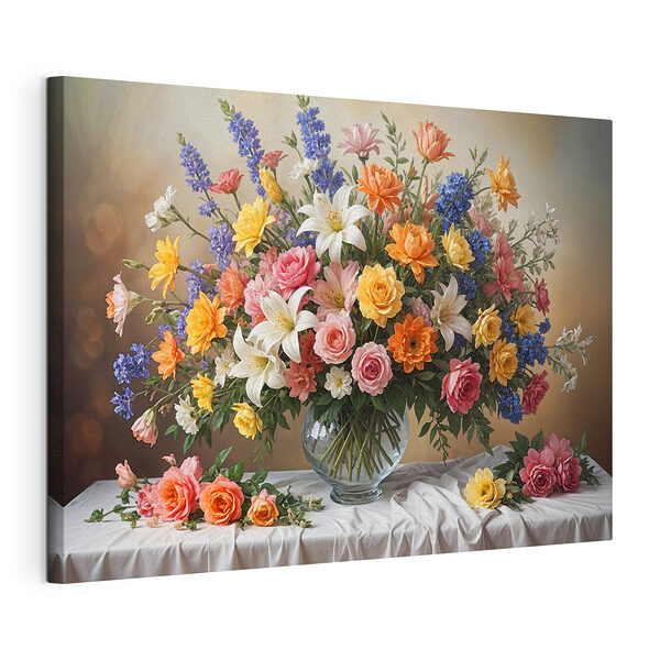 Wandbilder Bunter Blumenstrauß auf weißem Tischtuch