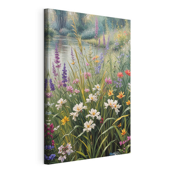 Wandbilder Bunte Wildblumen am ruhigen Teich