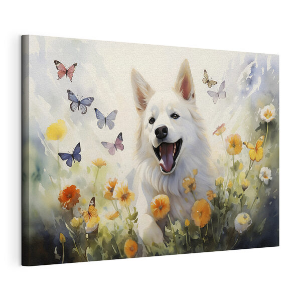 Wandbilder Weißer Hund mit Schmetterlingen in einem Blumenfeld