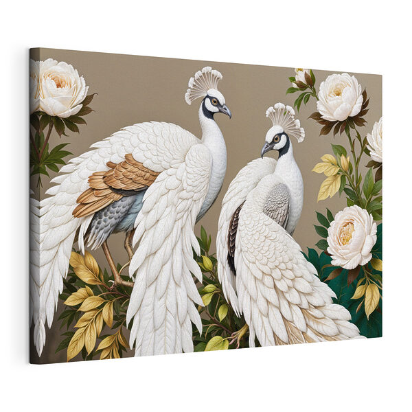 Paar weiße Pfaue auf einem Zweig mit Blumen Wandbilder Paar weiße Pfaue auf einem Zweig mit Blumen