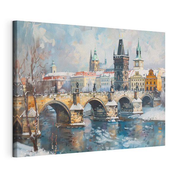 Brücke über Wasser mit Gebäuden und Schnee Wandbilder Brücke über Wasser mit Gebäuden und Schnee