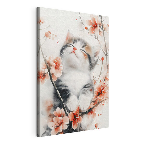 Wandbilder Katze sitzt auf einem Baum mit Blumen