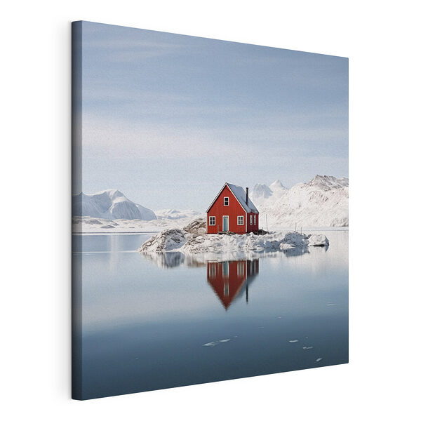 Rotes Haus auf einer Insel im Wasser mit schneebedeckten Bergen im Hintergrund Wandbilder Rotes Haus auf einer Insel im Wasser mit schneebedeckten Bergen im Hintergrund