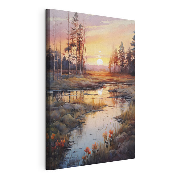 Wandbilder Aquarell eines Flusses mit Bäumen und einem Sonnenuntergang