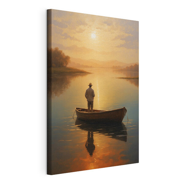 Mann steht in einem Boot auf einem See Wandbilder Mann steht in einem Boot auf einem See