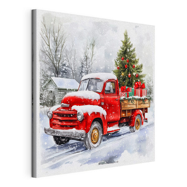 Roter Lastwagen mit einem Weihnachtsbaum auf der Ladefläche Wandbilder Roter Lastwagen mit einem Weihnachtsbaum auf der Ladefläche