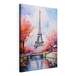 Wandbilder Aquarellmalerei eines Turms mit rosa Blumen und einer Brücke
