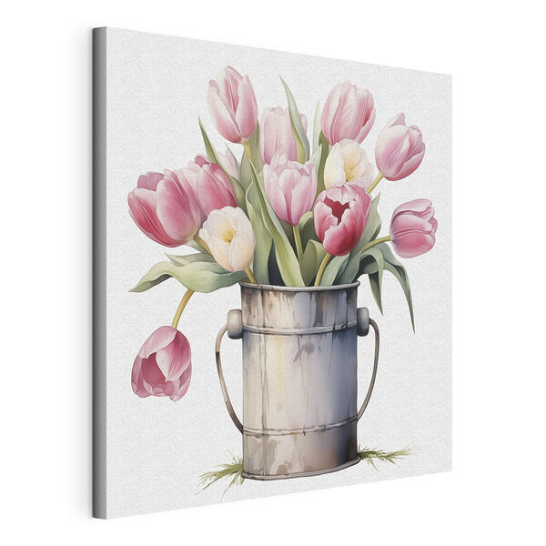 Wandbilder Gemälde von rosa Tulpen in einem Metalleimer (Artikelnummer: s42353) Wandbilder Wandbilder Gemälde von rosa Tulpen in einem Metalleimer (Artikelnummer: s42353)
