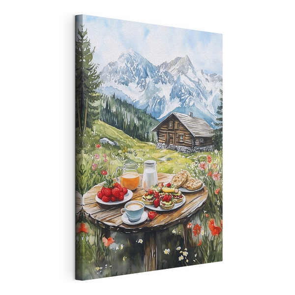 Wandbilder Wandbilder Tisch mit Speisen und Getränken vor einem Berg (Artikelnummer: s42427)