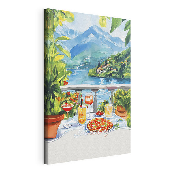 Wandbilder Wandbilder Aquarellmalerei eines Tisches mit Getränken und Blick auf einen See (Artikelnummer: s42434)