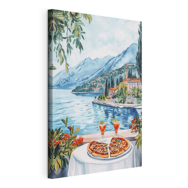 Aquarellmalerei eines Tisches mit Essen und einem See im Hintergrund Wandbilder Aquarellmalerei eines Tisches mit Essen und einem See im Hintergrund
