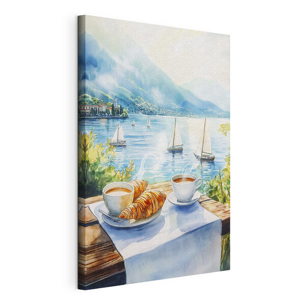Aquarellmalerei eines Tisches mit Kaffee und Croissants darauf Wandbilder Aquarellmalerei eines Tisches mit Kaffee und Croissants darauf