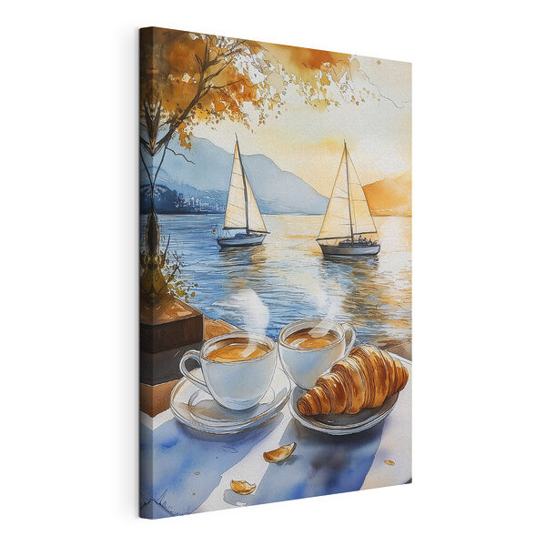 Wandbilder Aquarell von zwei Tassen Kaffee und einem Croissant auf einem Tisch