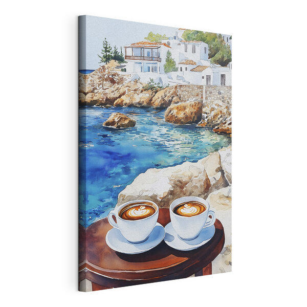 Wandbilder Zwei Tassen Kaffee auf einem Tisch neben einer Wasserfläche (Artikelnummer: s42449) Wandbilder Wandbilder Zwei Tassen Kaffee auf einem Tisch neben einer Wasserfläche (Artikelnummer: s42449)