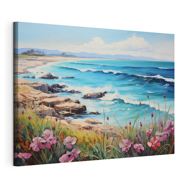 Gemälde eines Strandes mit Blumen und Wellen Wandbilder Gemälde eines Strandes mit Blumen und Wellen