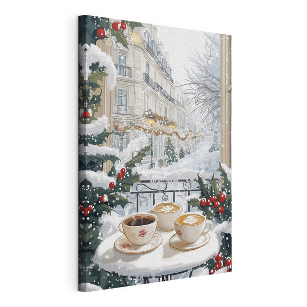 Ein paar Tassen Kaffee auf einem Balkon mit Schnee und Gebäuden Wandbilder Ein paar Tassen Kaffee auf einem Balkon mit Schnee und Gebäuden