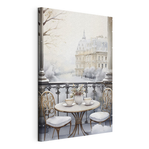 Tisch mit Tassen und einer Vase mit Blumen darauf mit einer Schneelandschaft Wandbilder Tisch mit Tassen und einer Vase mit Blumen darauf mit einer Schneelandschaft