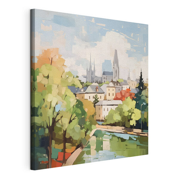 Gemälde einer Stadt mit Bäumen und einem Fluss Wandbilder Gemälde einer Stadt mit Bäumen und einem Fluss