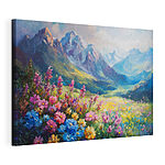 Wandbilder Gemälde von Blumen auf einem Feld mit Bergen im Hintergrund