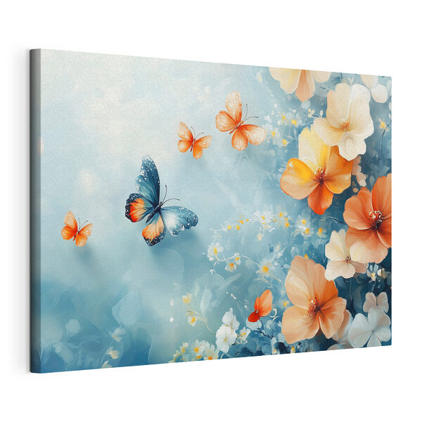 Wandbilder Wandbilder Schmetterlinge und Blumen auf einem blauen Hintergrund (Artikelnummer: s42974)