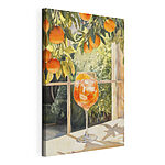 Wandbilder Glas Orangensaft mit Eis und Orangen aus einem Fenster