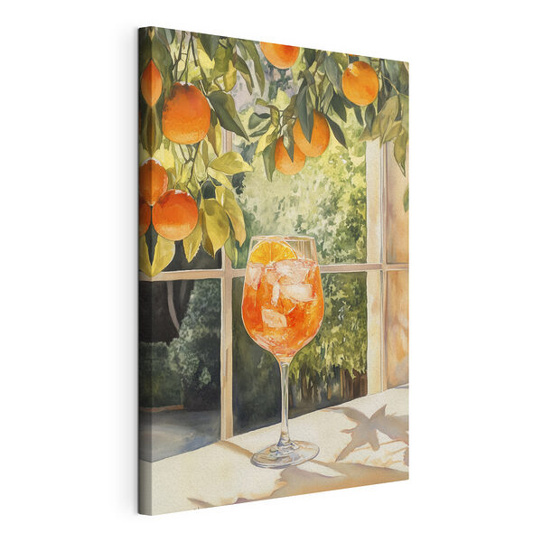 Glas Orangensaft mit Eis und Orangen aus einem Fenster Wandbilder Glas Orangensaft mit Eis und Orangen aus einem Fenster