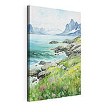 Wandbilder Aquarell eines felsigen Ufers mit Bergen und blauem Himmel