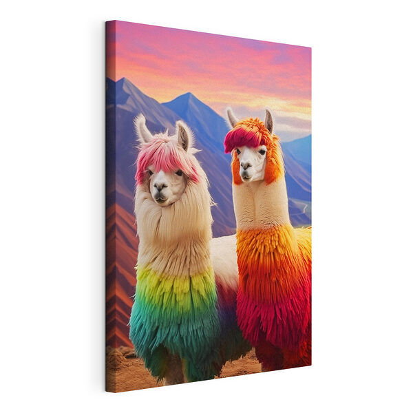 Wandbilder Zwei Lamas mit regenbogenfarbenem Haar