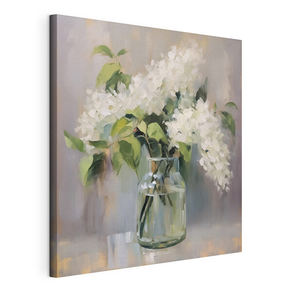 Gemälde eines Blumenstraußes aus weißen Blumen in einem Glasgefäß Wandbilder Gemälde eines Blumenstraußes aus weißen Blumen in einem Glasgefäß