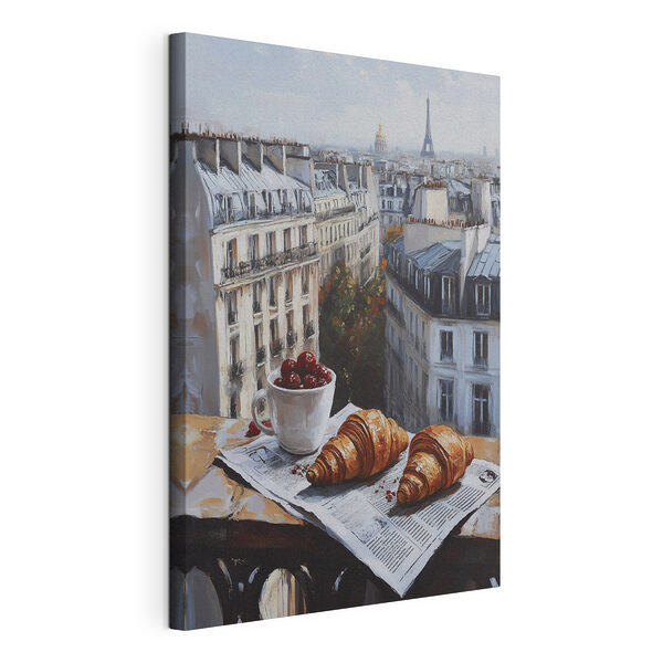 Wandbilder Tasse Kaffee und Croissants auf einem Tisch mit Gebäuden im Hintergrund