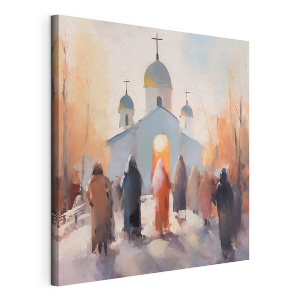Wandbilder Gruppe von Menschen, die vor einer Kirche gehen