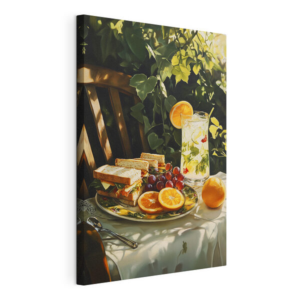 Wandbilder Teller mit belegten Brötchen und Obst auf einem Tisch