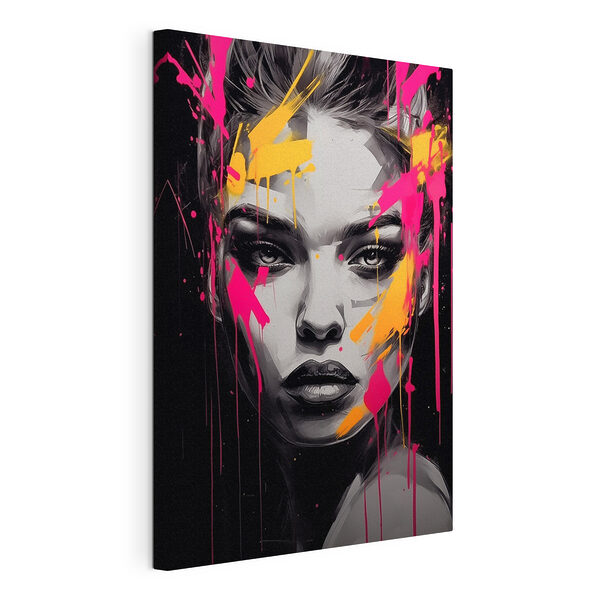 Wandbilder Gemälde einer Frau mit rosa und gelber Farbe im Gesicht (Artikelnummer: s45319) Wandbilder Wandbilder Gemälde einer Frau mit rosa und gelber Farbe im Gesicht (Artikelnummer: s45319)