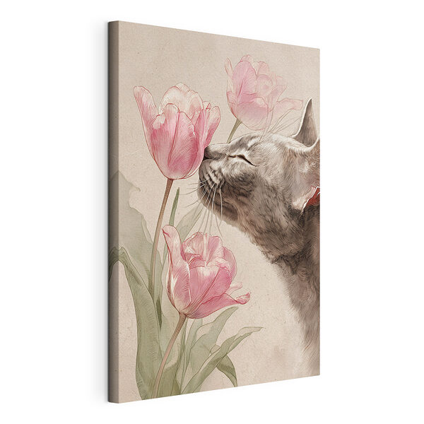 Katze, die an Blumen schnüffelt Wandbilder Katze, die an Blumen schnüffelt