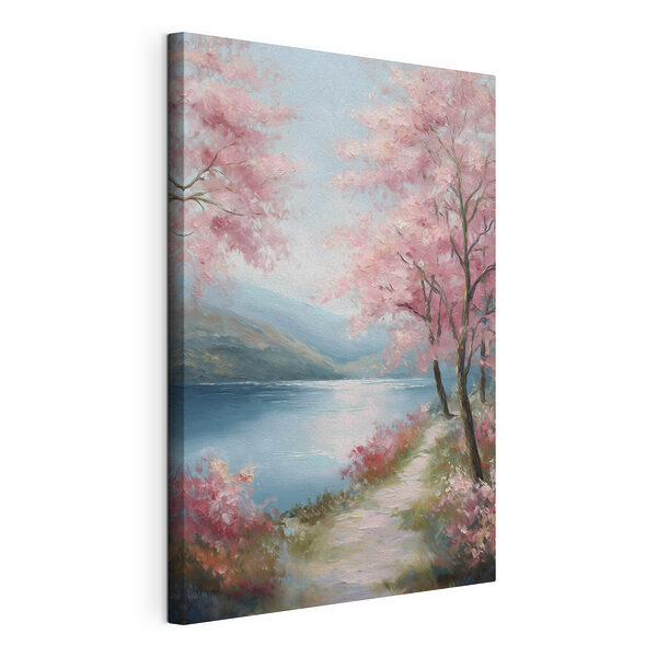 Wandbilder Wandbilder Gemälde eines Sees mit rosa Bäumen und Bergen (Artikelnummer: s48289)