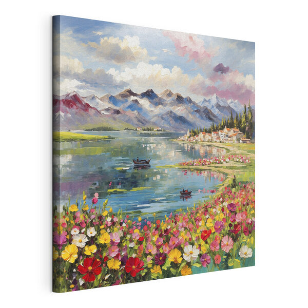 Gemälde eines Sees mit Blumen und Bergen im Hintergrund Wandbilder Gemälde eines Sees mit Blumen und Bergen im Hintergrund