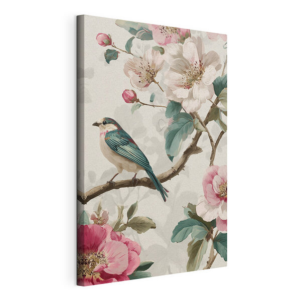 Vogel auf einem Ast mit Blumen Wandbilder Vogel auf einem Ast mit Blumen